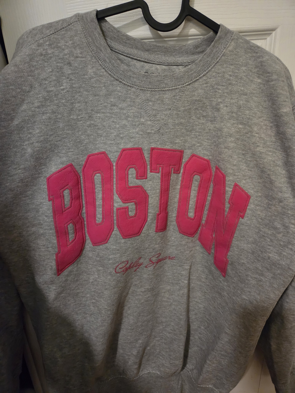 Grey Crewneck Sweatshirt with Pink 'Boston' Appliqué